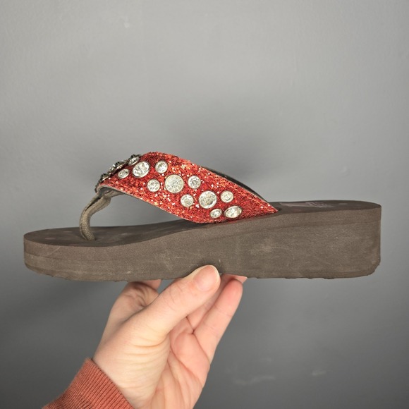 Montana West Brown/Orange Foam Wedge Sandal Rhinestone Size 6 Western - Picture 5 of 9